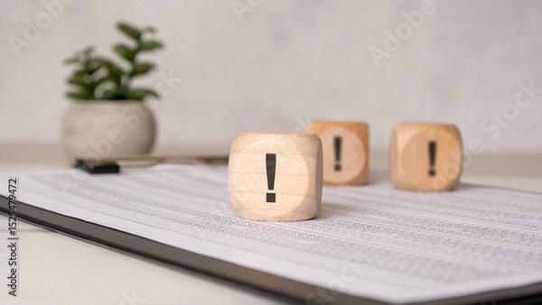 Obraz wooden block with exclamation mark on office documents
