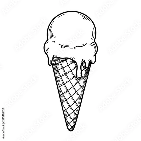 Fototapeta Hand-drawn ice cream cone with dripping scoops for summer treats illustration