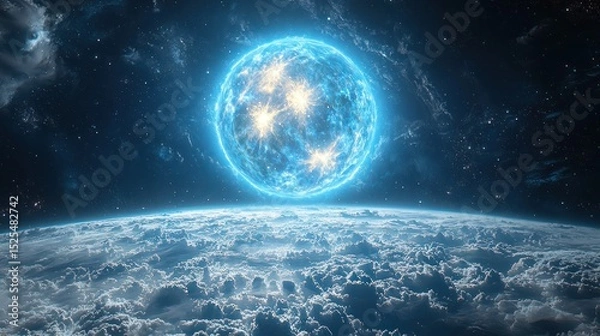 Fototapeta A vibrant, luminous celestial sphere dominates the night sky, positioned above a dense layer of clouds on a distant planet