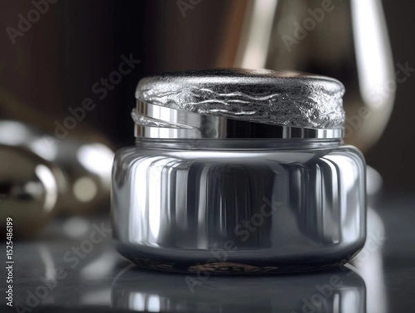 Obraz Cosmetic jar with silver lid on blurred background.