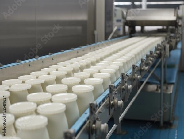 Obraz Milk production line with plastic bottles in a plant