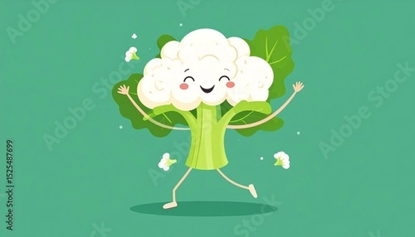 Fototapeta Happy Dancing Cauliflower Character on a Green Background 