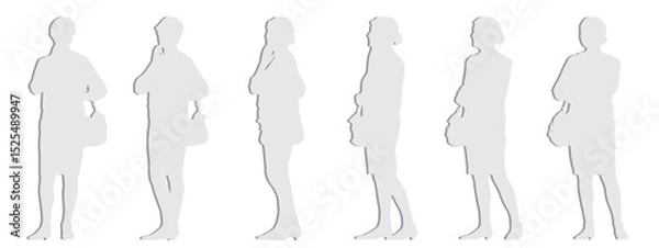 Fototapeta Vector concept or conceptual gray paper cut silhouette of a woman holding a handbag different perspectives isolated on white background. A metaphor for urban life, leisure and lifestyle