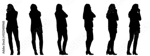 Fototapeta Vector concept conceptual black silhouette of a woman talking on the phone from different perspectives isolated on white background. A metaphor for communication, connection, leisure and lifestyle
