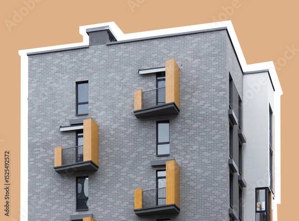 Obraz Modern apartment building with wooden balconies and geometric facade. Contemporary urban