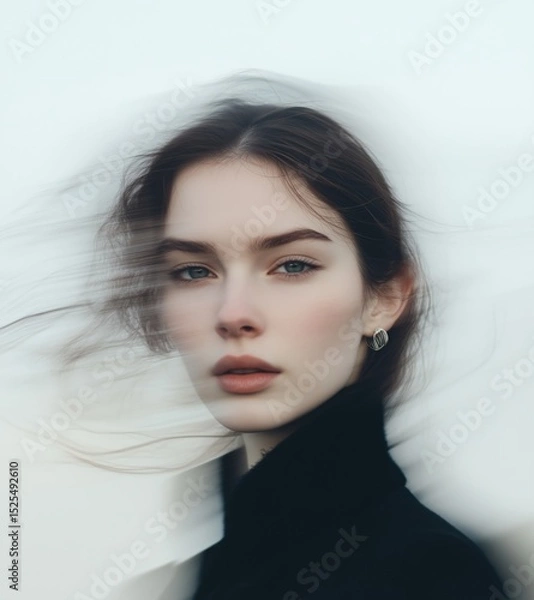 Obraz Portrait of a woman with flowing hair and a serene expression captured during a breezy day by the ocean at dusk