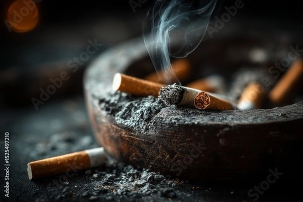 Fototapeta Close-up on a brimming wooden ashtray filled with extinguished cigarettes, ash, and billowing smoke in dark atmosphere