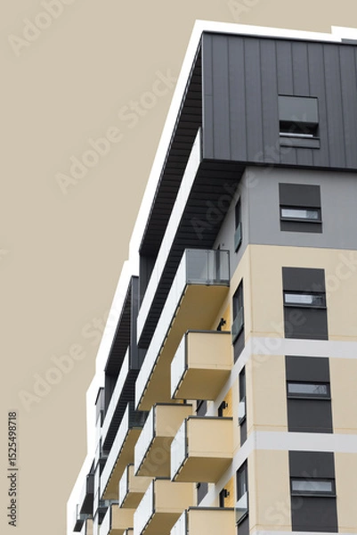 Obraz Stylized modern apartment building with beige facade and geometric balconies. Contemporary rooftop
