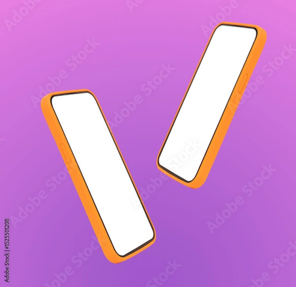 Obraz Two phone mockup with blank screen floating in air. Pair of tilted mobile devices with orange and