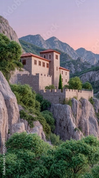 Fototapeta Fortress bastion sunset concept. A stone building nestled in rugged mountains at dusk, surrounded by lush greenery and rocky terrain.