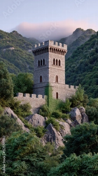 Fototapeta Fortress bastion sunset concept. Historic tower nestled in lush mountains under a serene sky.