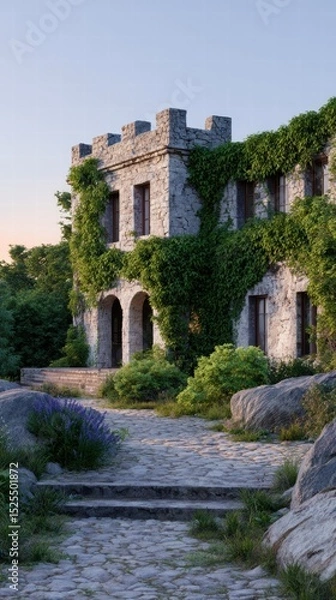 Fototapeta Fortress bastion sunset concept. A stone building covered in ivy, surrounded by rocks and greenery, under a soft pastel sky.