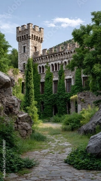 Fototapeta Fortress bastion sunset concept. Abandoned castle overtaken by nature, showcasing intricate stonework and lush greenery.