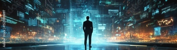 Obraz Man Facing Digital Cityscape Data Visualization and Future Tech, Big Data, Data Analytics