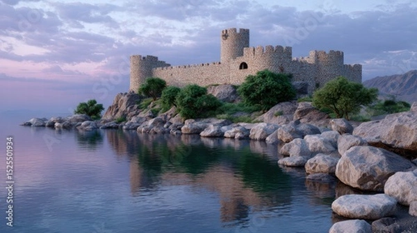 Fototapeta Fortress bastion sunset concept. Ancient stone castle by a tranquil lake at sunset, surrounded by rocks and lush greenery.