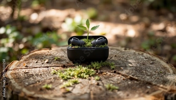 Fototapeta Wireless earbuds case on a tree stump surrounded by moss and greenery