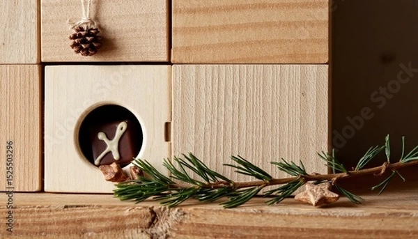 Fototapeta Open advent door revealing chocolate and pine branches for Christmas