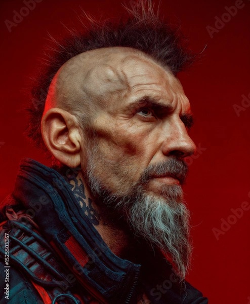 Fototapeta Profile of intense older man with mohawk, beard and futuristic jacket against red background.