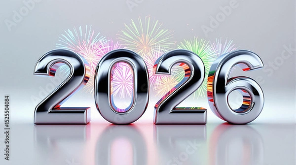 Fototapeta Shiny metallic "2026" numbers with colorful fireworks in the background, symbolizing celebration, New Year, and festive joy.
