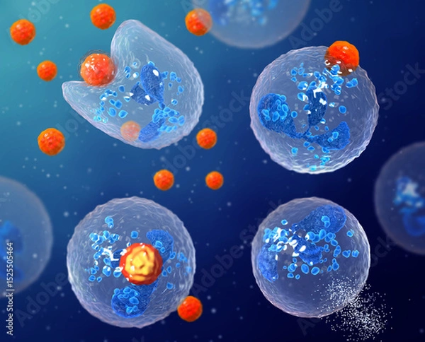 Fototapeta Medical background, phagocytosis is the process of capturing and digesting solid foreign particles by phagocytes, 3D rendering