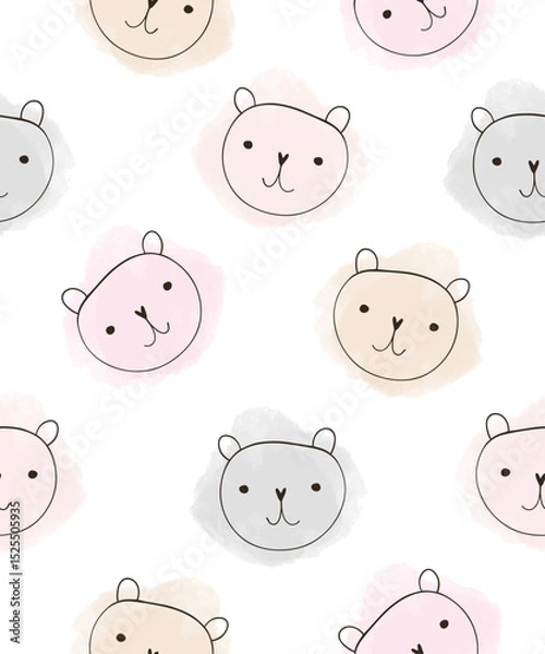 Obraz Cute Seamless Vector Pattern With Bears. Funny Hand Drawn Bear Toy Heads and Pink, Coral And Gray Watercolor Stains on a White Background. Lovely Wallpaper For Baby Girl. Print With Teddy Bears. 