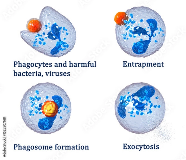 Fototapeta Medical background, 3d rendering, detailed process of phagocytosis in four stages entrapment of food particle formation of food
