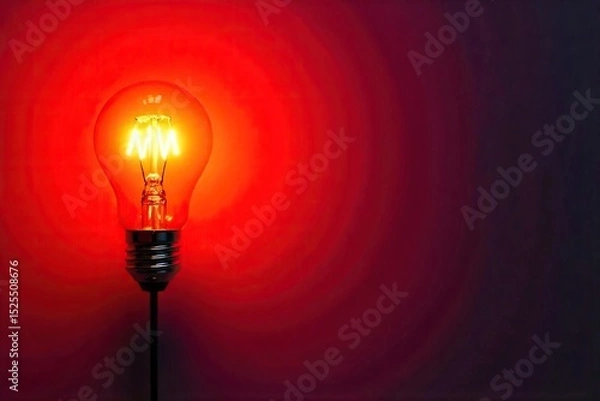 Fototapeta A bright incandescent lightbulb glows intensely against a vibrant red background, creating a striking contrast and symbolic image of ideas, energy, and innovation , intense, heat