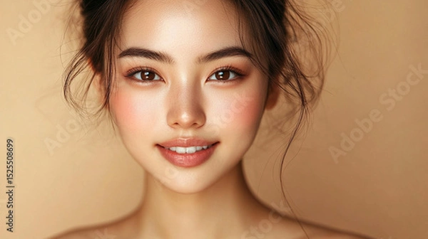 Fototapeta Close-up of a young, beautiful Asian woman with radiant skin, smiling gently against a soft beige background. The image evokes skincare, hydration, and natural beauty, with space for promotional text.