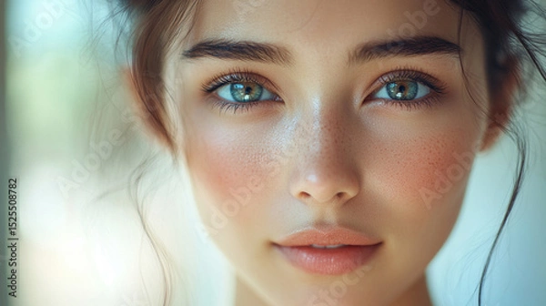 Fototapeta Close-up of a young, beautiful Asian woman with radiant skin, smiling gently against a soft beige background. The image evokes skincare, hydration, and natural beauty, with space for promotional text.