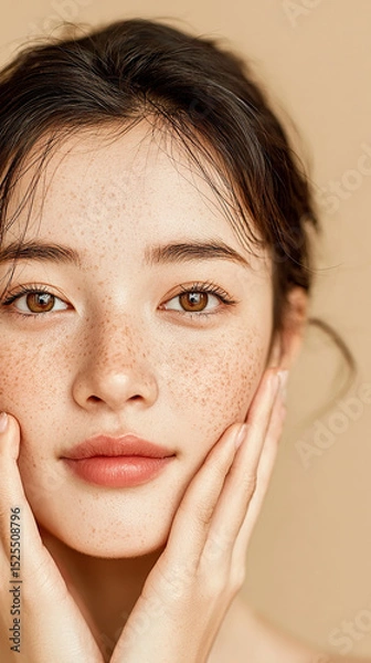 Fototapeta Close-up of a young, beautiful Asian woman with radiant skin, smiling gently against a soft beige background. The image evokes skincare, hydration, and natural beauty, with space for promotional text.
