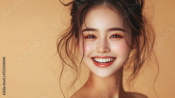 Fototapeta Close-up of a young, beautiful Asian woman with radiant skin, smiling gently against a soft beige background. The image evokes skincare, hydration, and natural beauty, with space for promotional text.