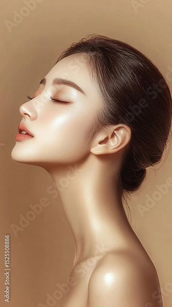 Fototapeta Close-up of a young, beautiful Asian woman with radiant skin, smiling gently against a soft beige background. The image evokes skincare, hydration, and natural beauty, with space for promotional text.