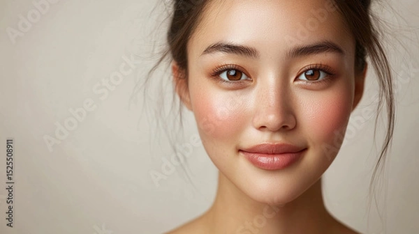 Fototapeta Close-up of a young, beautiful Asian woman with radiant skin, smiling gently against a soft beige background. The image evokes skincare, hydration, and natural beauty, with space for promotional text.