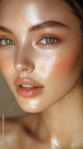 Fototapeta Close-up of a young, beautiful Asian woman with radiant skin, smiling gently against a soft beige background. The image evokes skincare, hydration, and natural beauty, with space for promotional text.