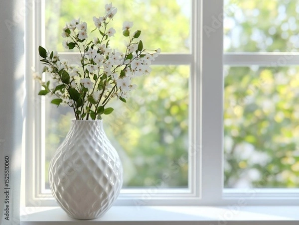 Obraz A white vase with flowers sits on a windowsill. The flowers are white and the vase is tall and narrow. The sunlight coming through the window illuminates the vase and the flowers, creating a serene