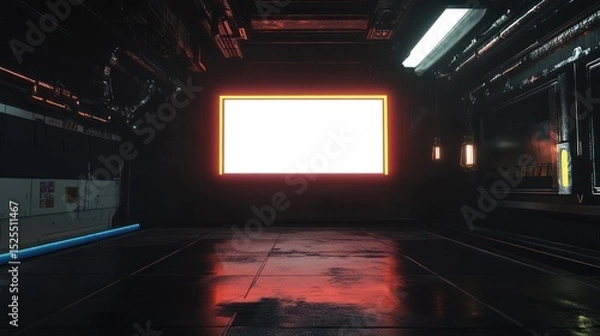 Fototapeta A dark, futuristic corridor features a centrally-located, blank rectangular screen with an orange neon border, reflecting on the glossy floor