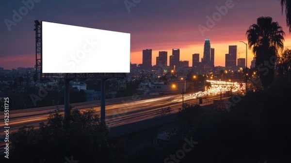 Fototapeta A blank billboard at dusk overlooks a city skyline and a busy highway with light trails