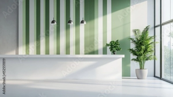 Fototapeta Modern reception area with a white counter, green and white striped wall, large window, and potted plants