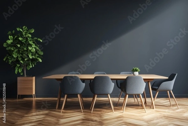 Fototapeta A sunlit dining room features a long wooden table with gray upholstered chairs, a fiddle-leaf fig in a light wood planter, and dark gray walls.  The herringbone wood floor adds warmth