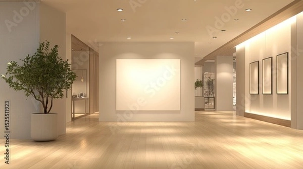Fototapeta A modern, brightly lit hallway with hardwood floors, recessed lighting, and minimalist artwork displayed on the walls.  A potted plant adds a touch of nature