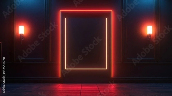 Fototapeta A dark hallway features a door outlined in bright neon orange and white, flanked by wall sconces emitting a warm red glow, reflecting on the floor