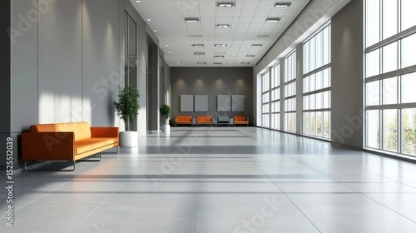 Fototapeta Sunlit modern hallway with grey walls, large windows, and orange seating.  Clean lines and minimalist design create a spacious and airy atmosphere