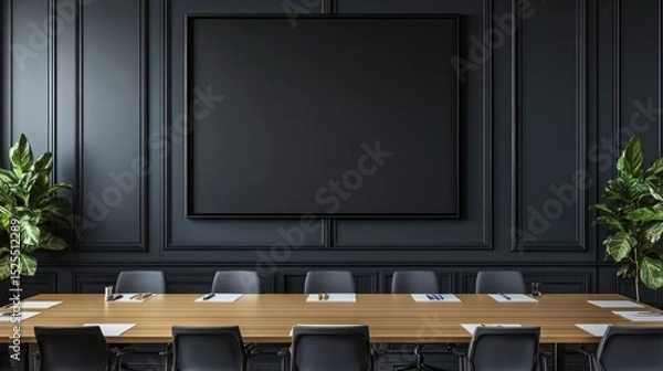 Fototapeta A long conference table sits in a dark-paneled room with a large blank screen above it, flanked by potted plants