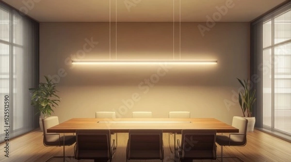Fototapeta Modern minimalist conference room with long rectangular table and matching linear pendant light fixture, warm lighting, and neutral color palette