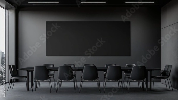 Fototapeta A minimalist conference room with a long black table, chairs, and a large blank wall canvas.  The room is dark grey and features a large window with a city view