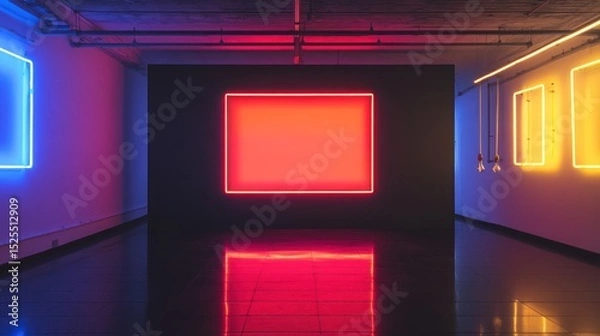 Fototapeta Neon-lit hallway with a central red illuminated square on a black wall, reflecting on a glossy floor, flanked by blue and yellow neon frames on the walls