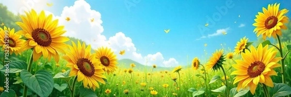 Fototapeta Vibrant summer scene with sunflowers, lush greenery, and a bright blue sky Perfect for summer holiday, travel, and nature themes Ideal for websites, blogs, and social media , bright, green