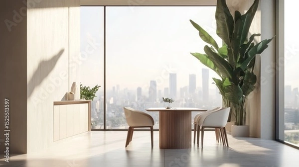 Fototapeta Modern dining room interior with large windows overlooking a cityscape and a large plant