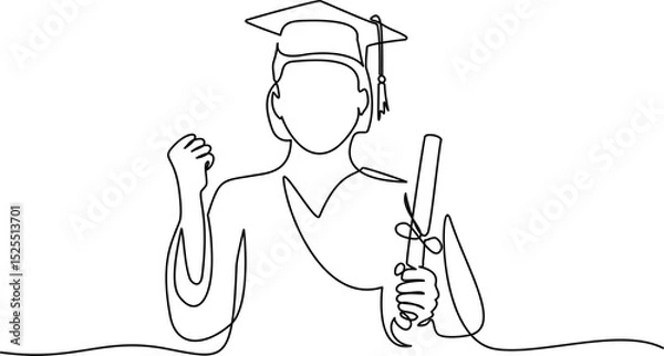 Fototapeta Graduating student wearing cap and gown. Continuous one line drawing.