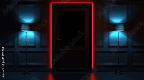 Fototapeta A dark room with a black door framed by red neon light, flanked by floor lamps emitting cyan light, set against paneled walls